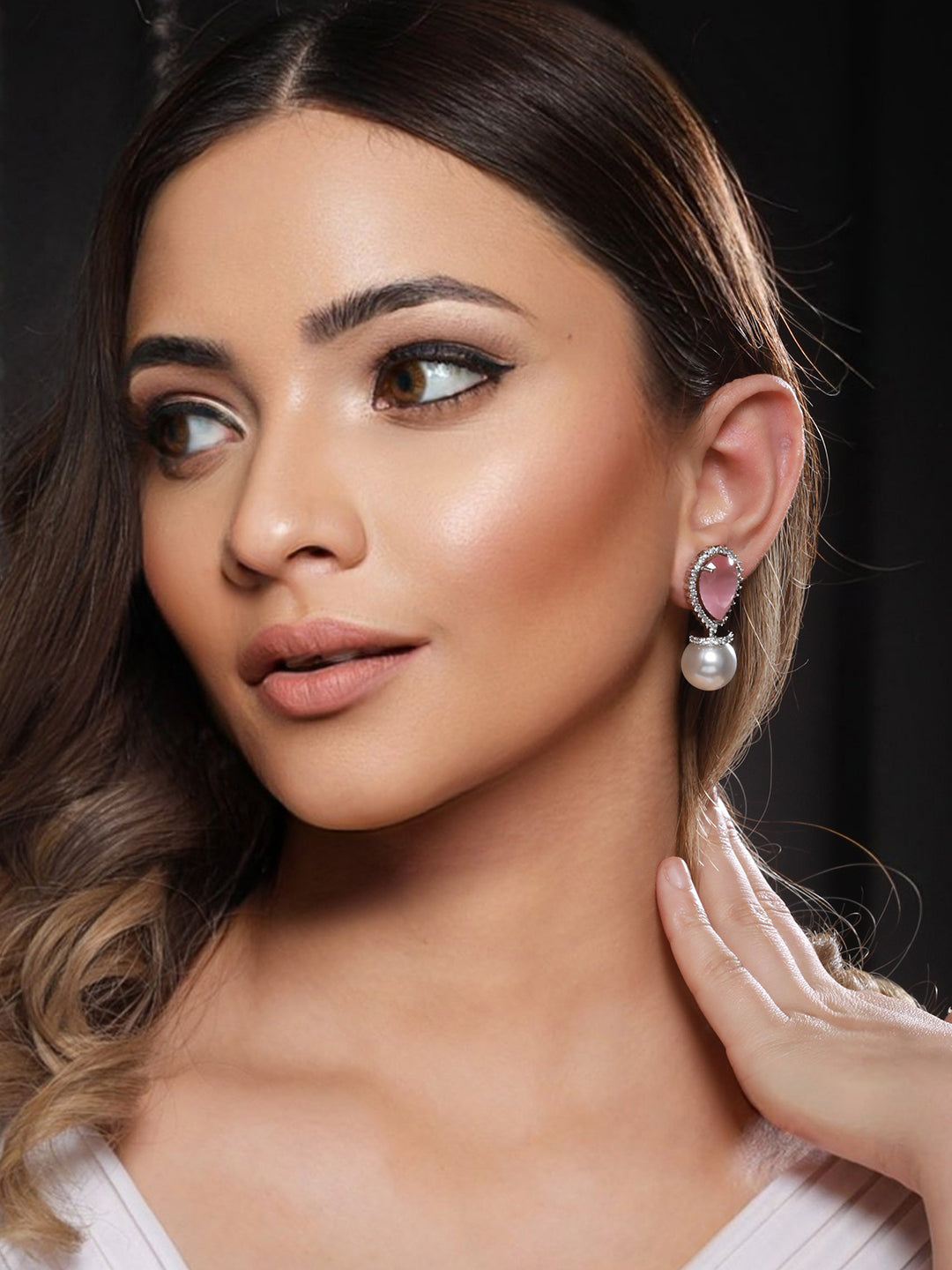 White Rhodium Pearl Beaded Pink AD Studded Luxe Minimal