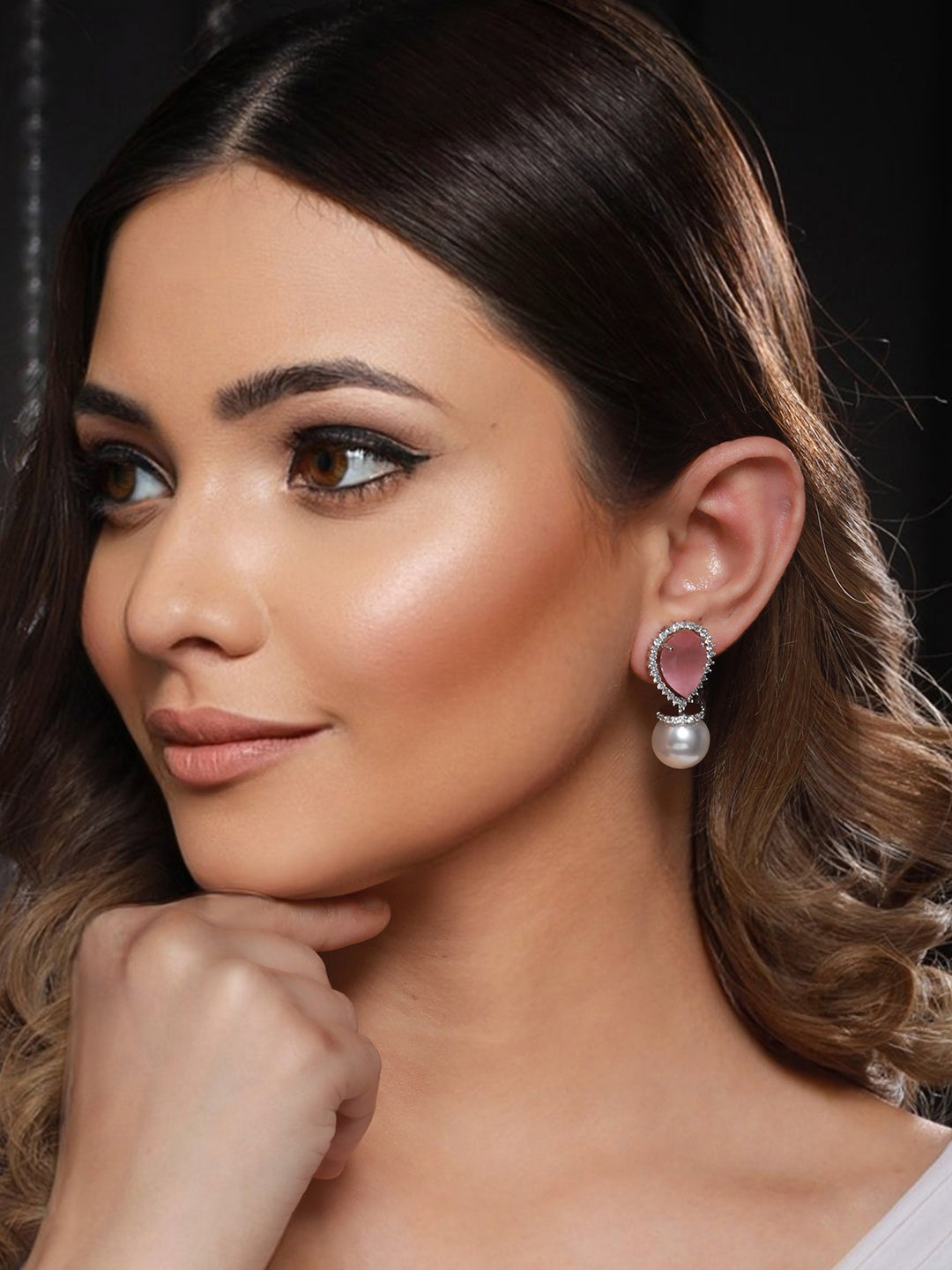 White Rhodium Pearl Beaded Pink AD Studded Luxe Minimal