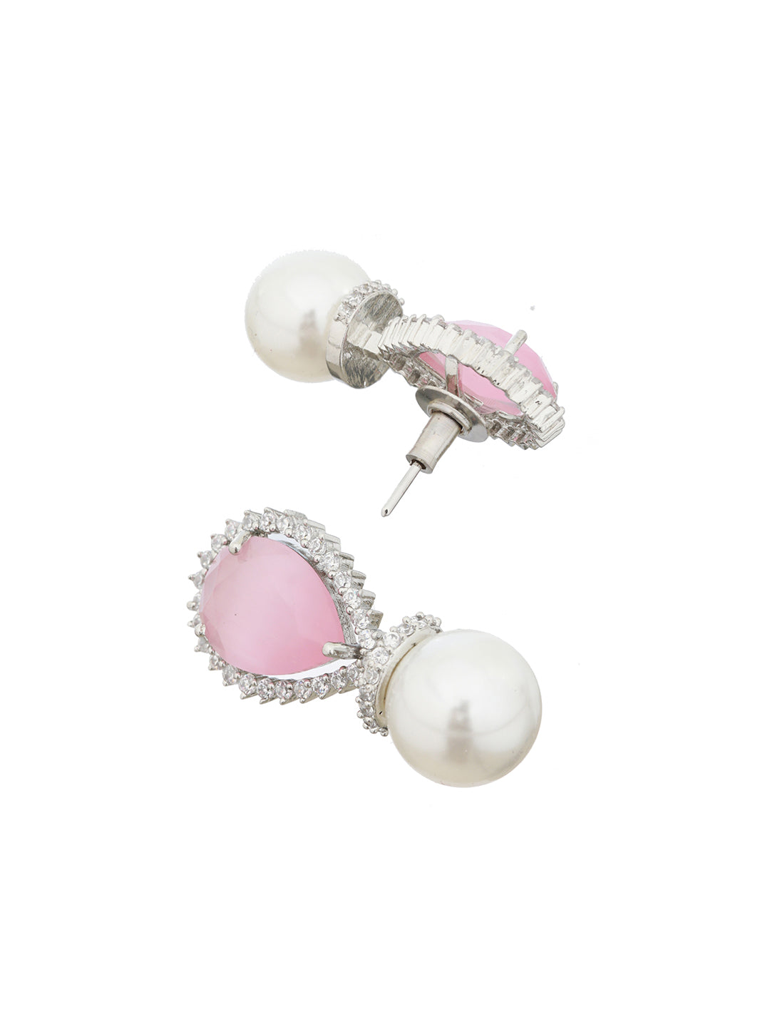 White Rhodium Pearl Beaded Pink AD Studded Luxe Minimal