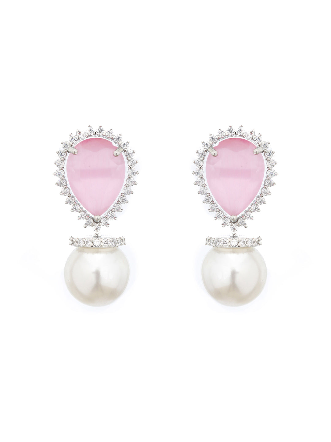 White Rhodium Pearl Beaded Pink AD Studded Luxe Minimal