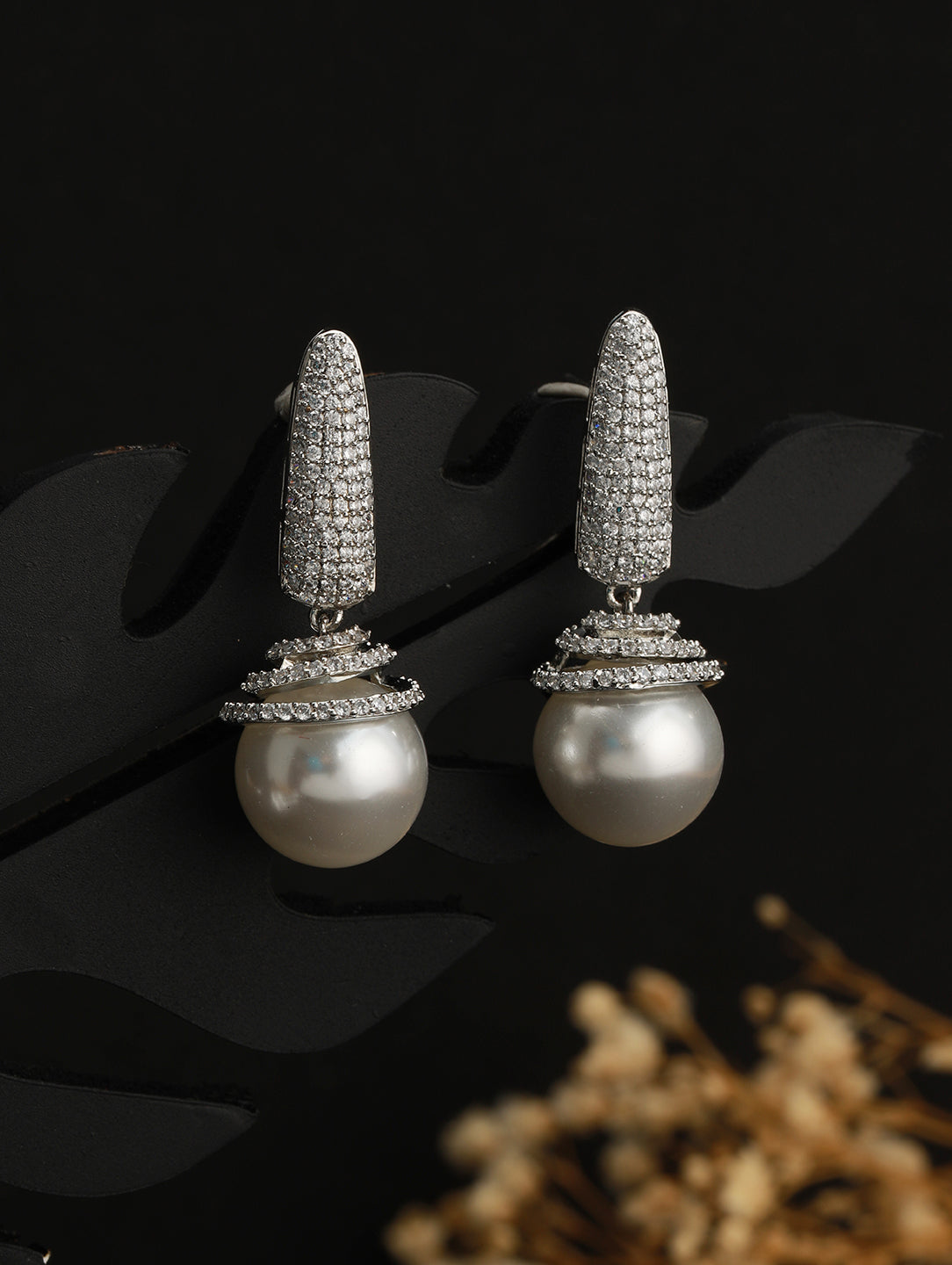 Silver toned Pearl Statement Drop Minimal Drop Earrings