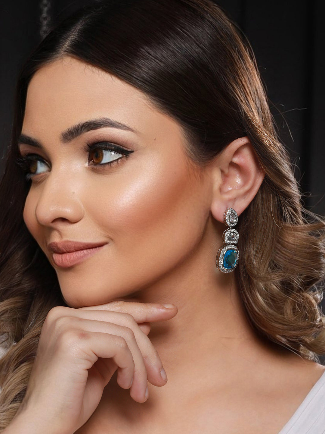 Silver Toned Blue Turquoise CZ Statement Drop earrings