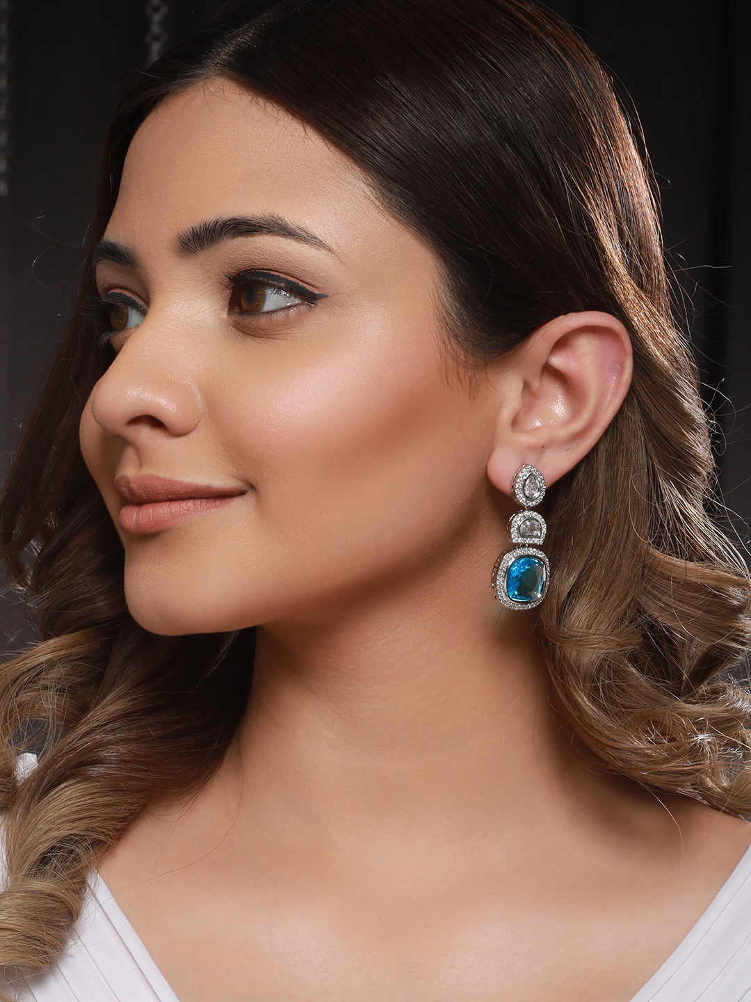 Silver Toned Blue Turquoise CZ Statement Drop earrings