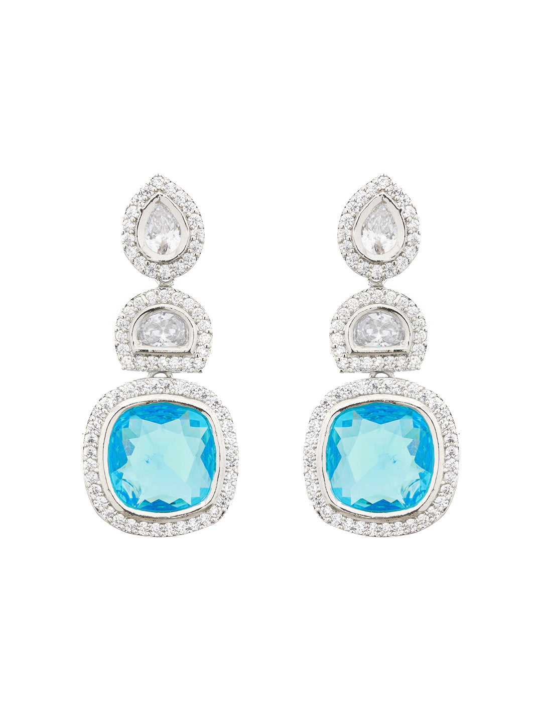 Silver Toned Blue Turquoise CZ Statement Drop earrings