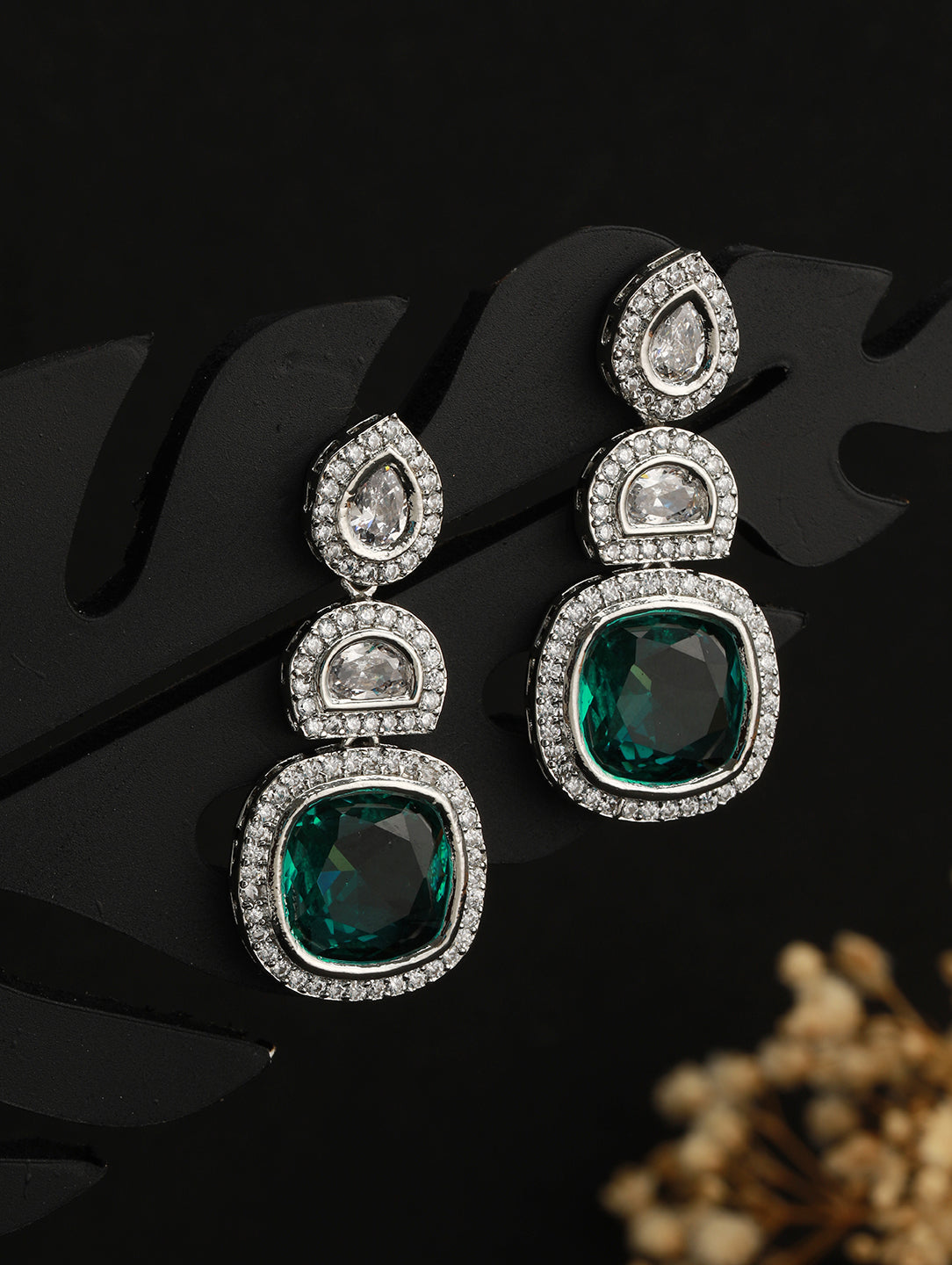 Silver Plated Green AD embellished Statement Dangler Earrings