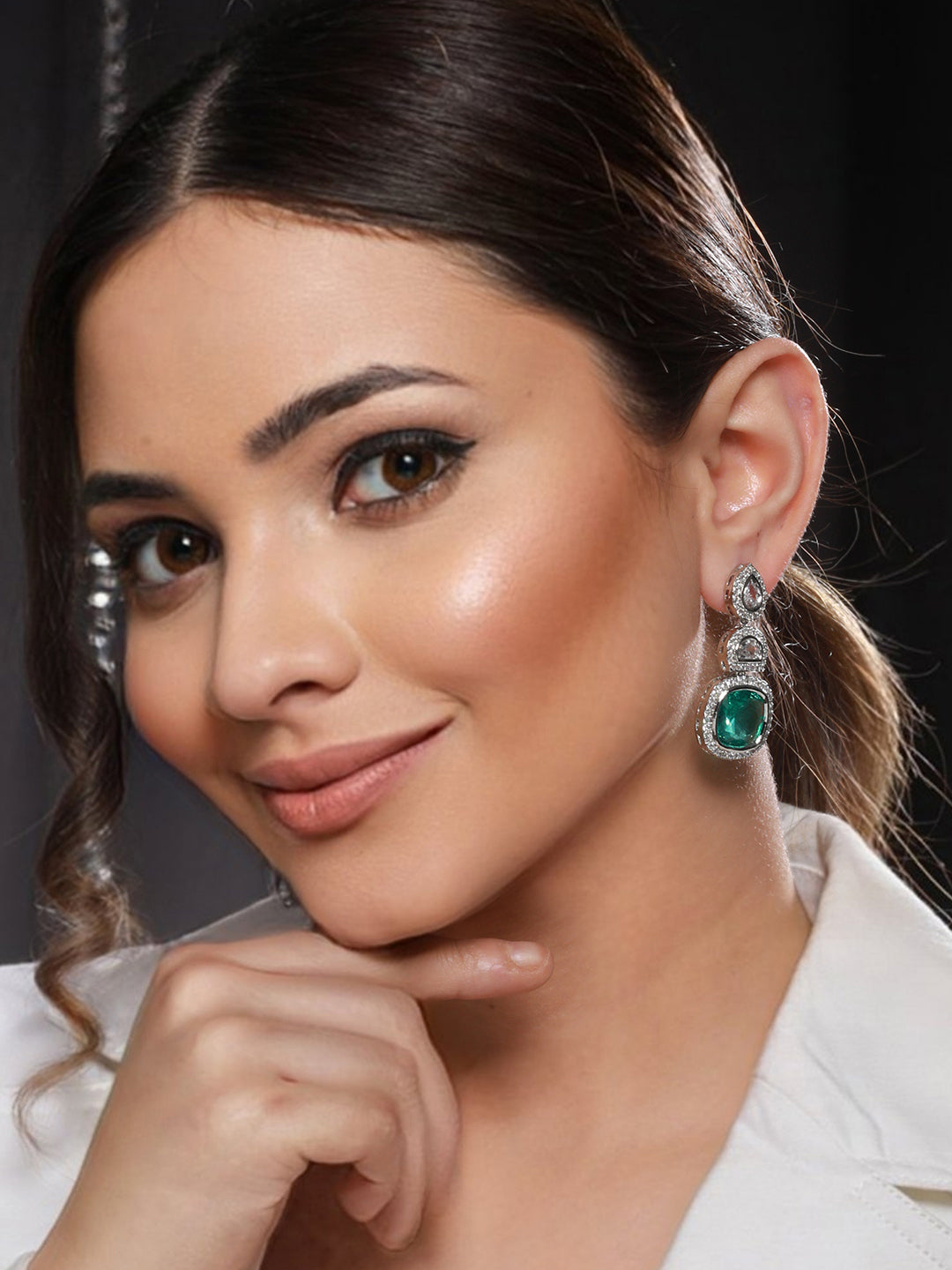 Silver Plated Green AD embellished Statement Dangler Earrings