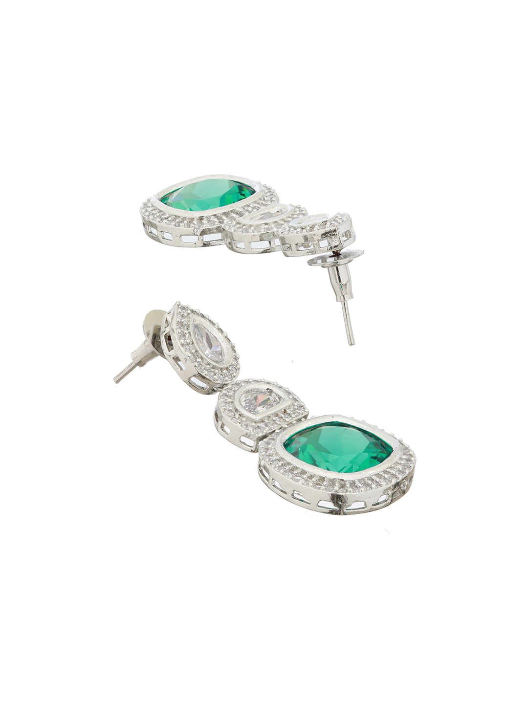 Silver Plated Green AD embellished Statement Dangler Earrings