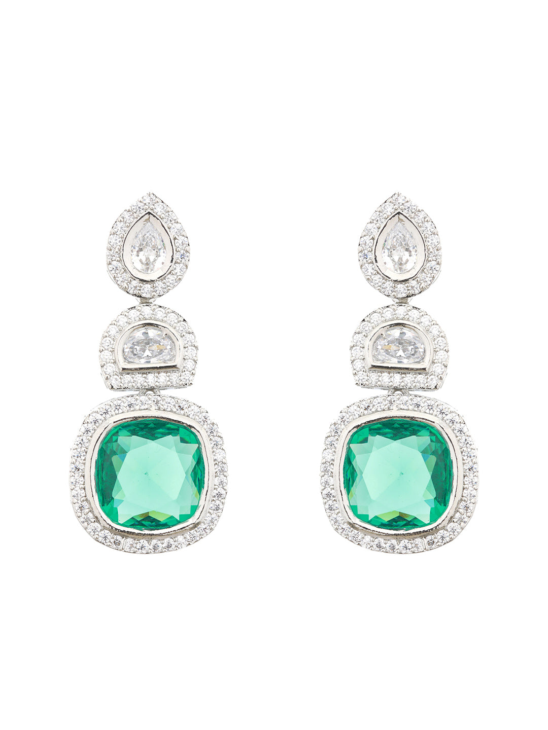 Silver Plated Green AD embellished Statement Dangler Earrings