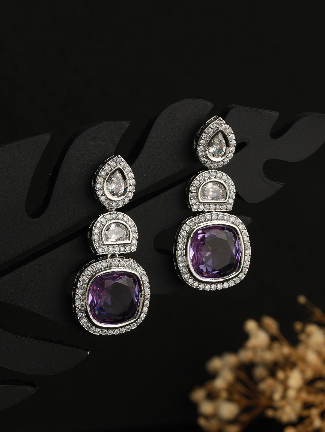 White Rhodium Lavender CZ Studded statement Drop Earrings
