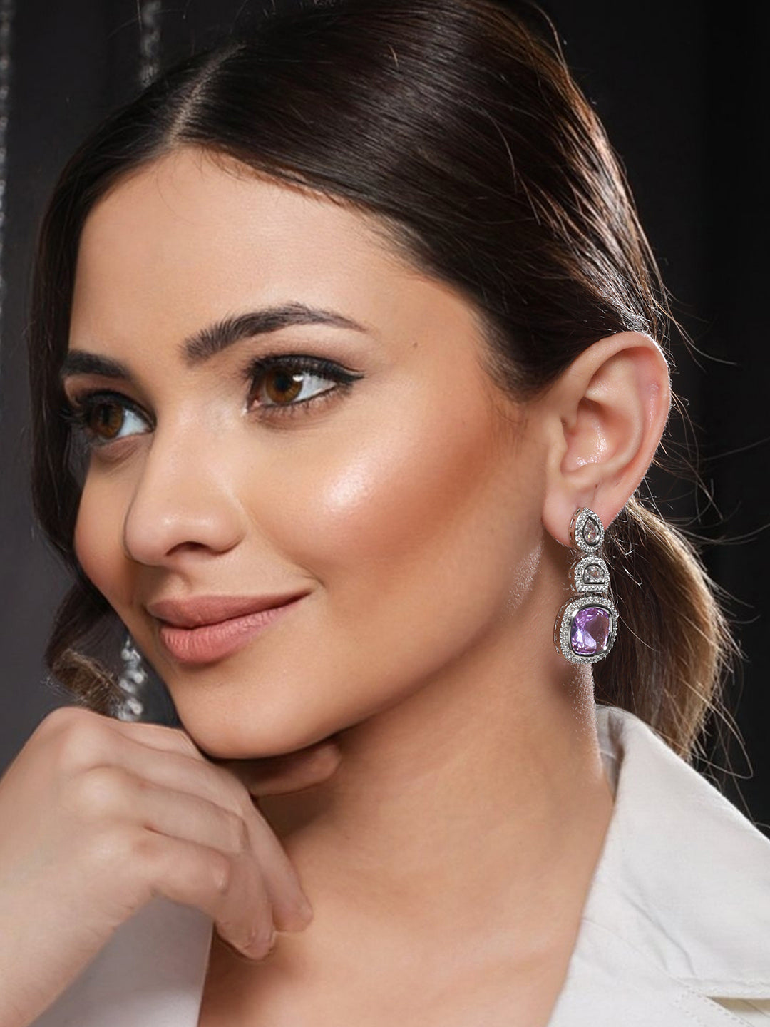 White Rhodium Lavender CZ Studded statement Drop Earrings