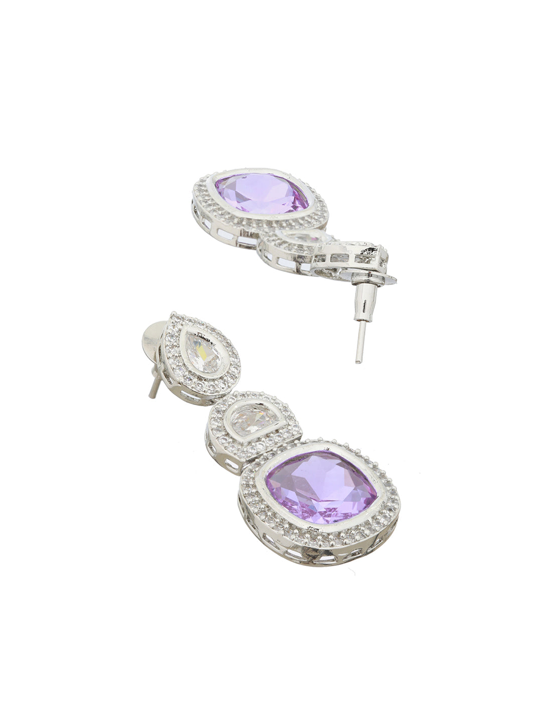 White Rhodium Lavender CZ Studded statement Drop Earrings