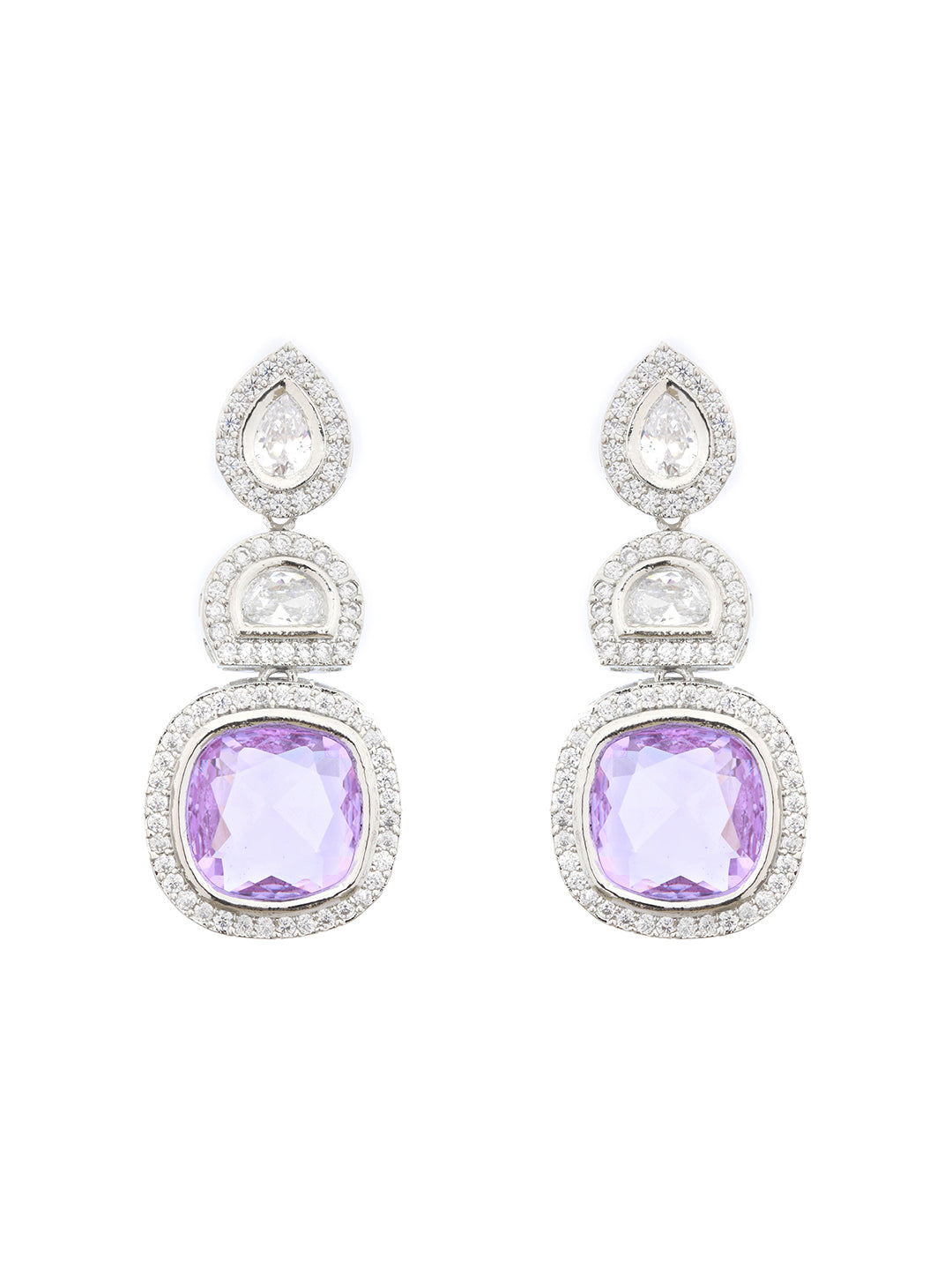 White Rhodium Lavender CZ Studded statement Drop Earrings