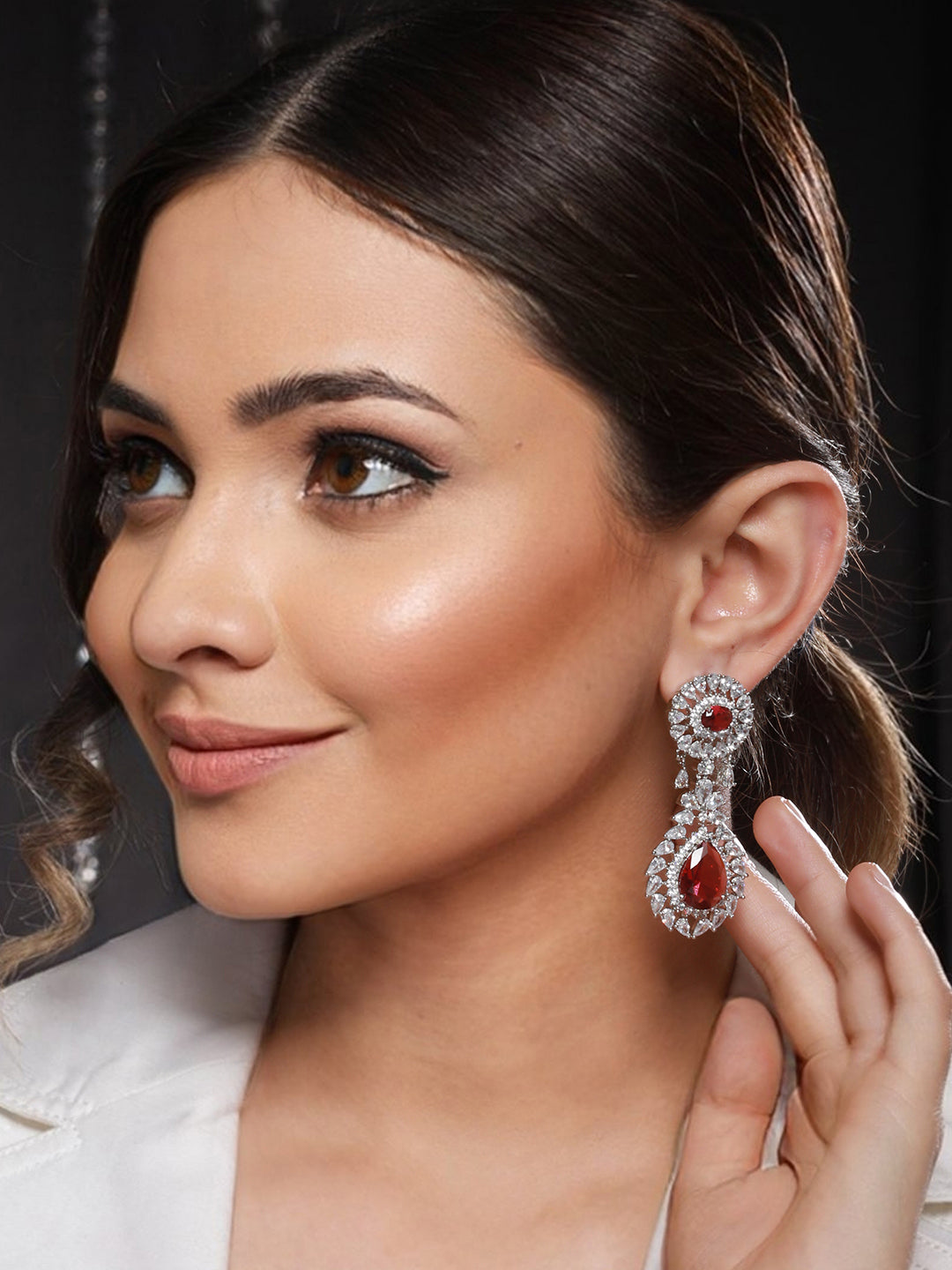 Silver plated Red Ruby CZ Studded Statement designer Earrings