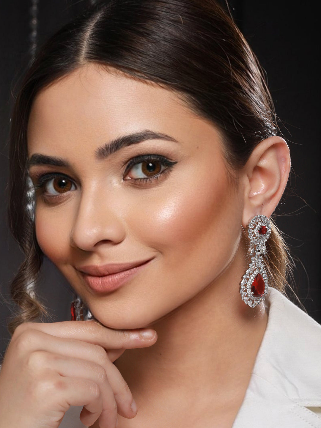 Silver plated Red Ruby CZ Studded Statement designer Earrings