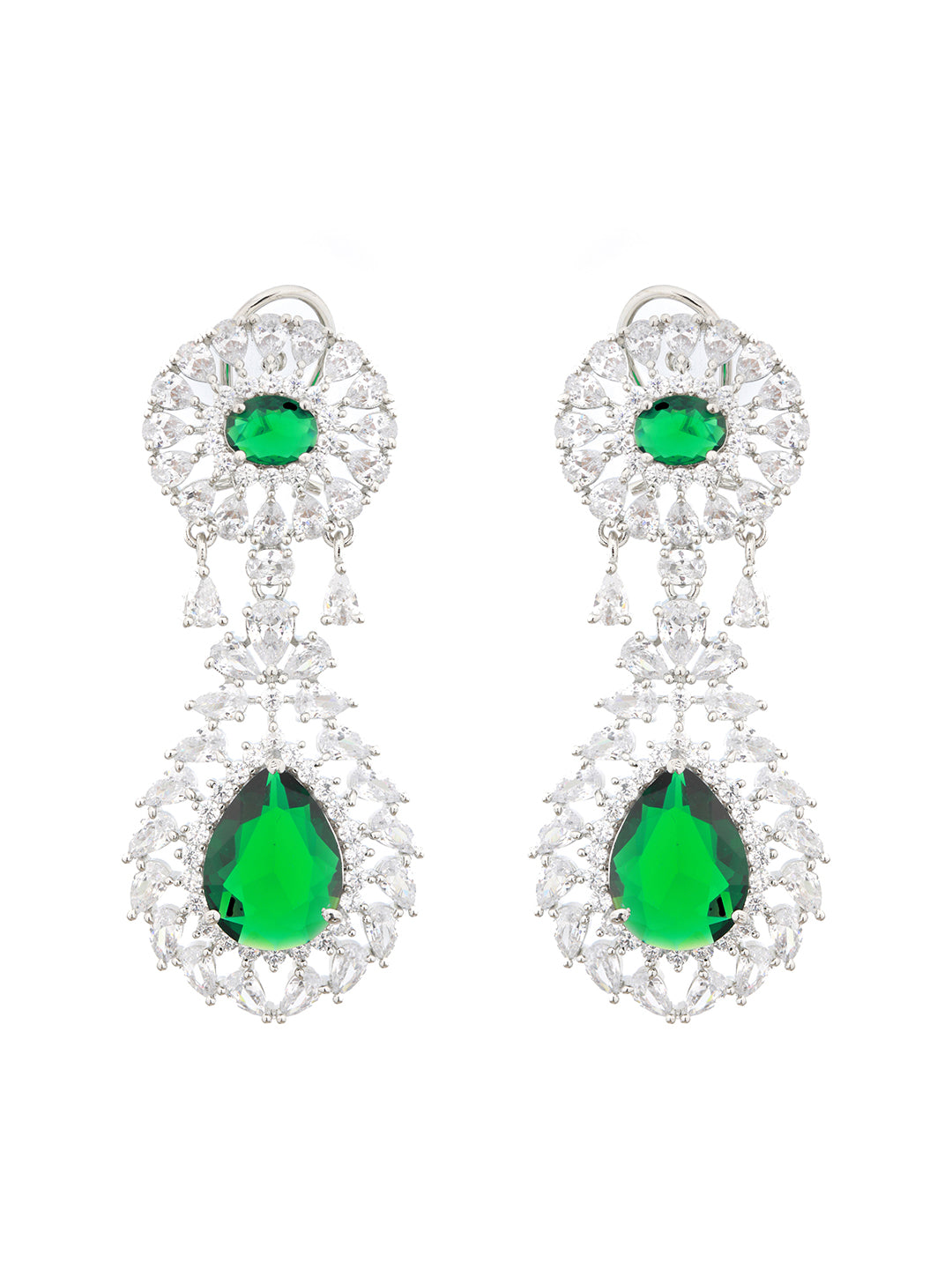 Silver Plated Green AD Studded Statement Drop Earrings