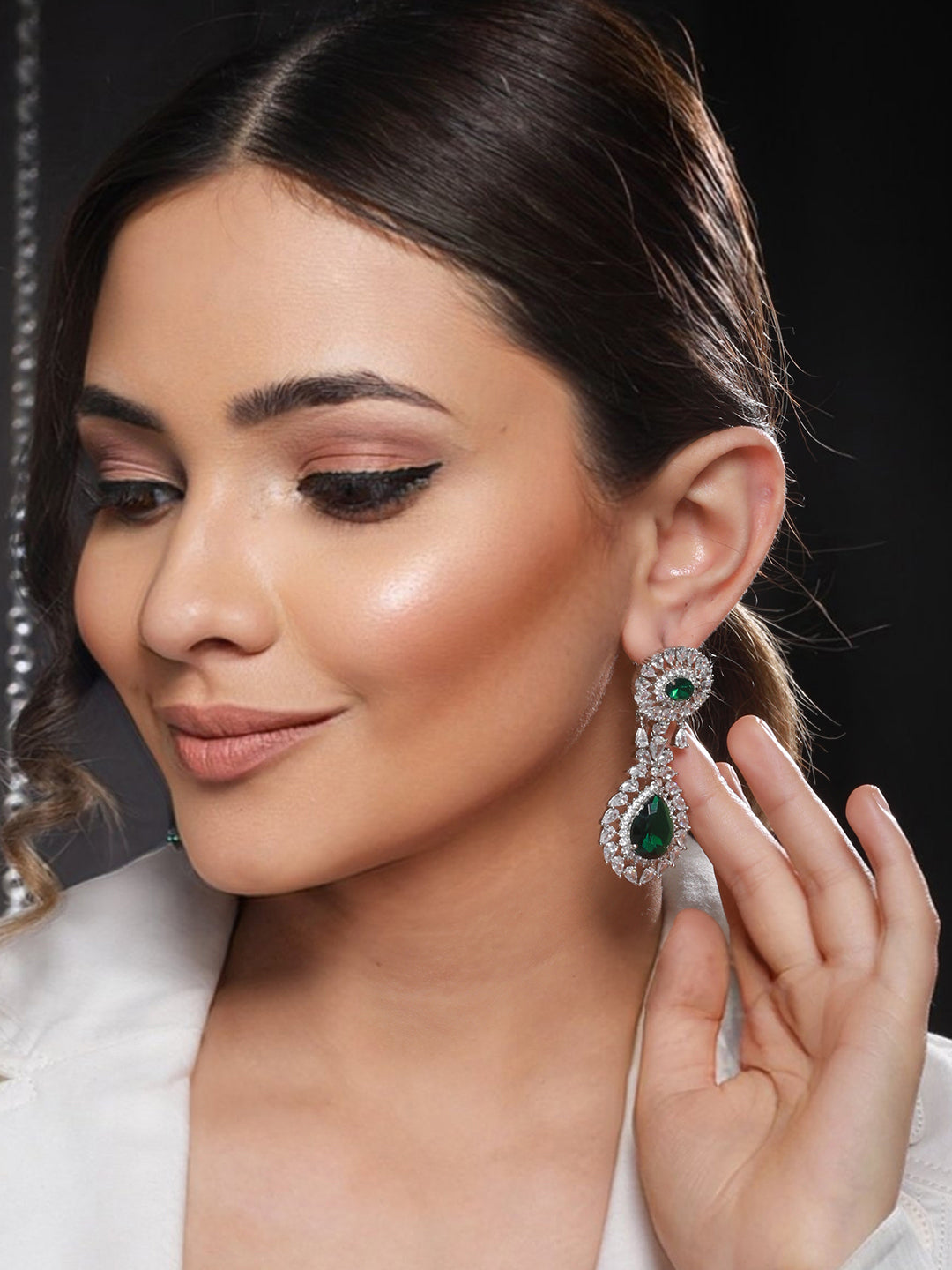 Silver Plated Green AD Studded Statement Drop Earrings