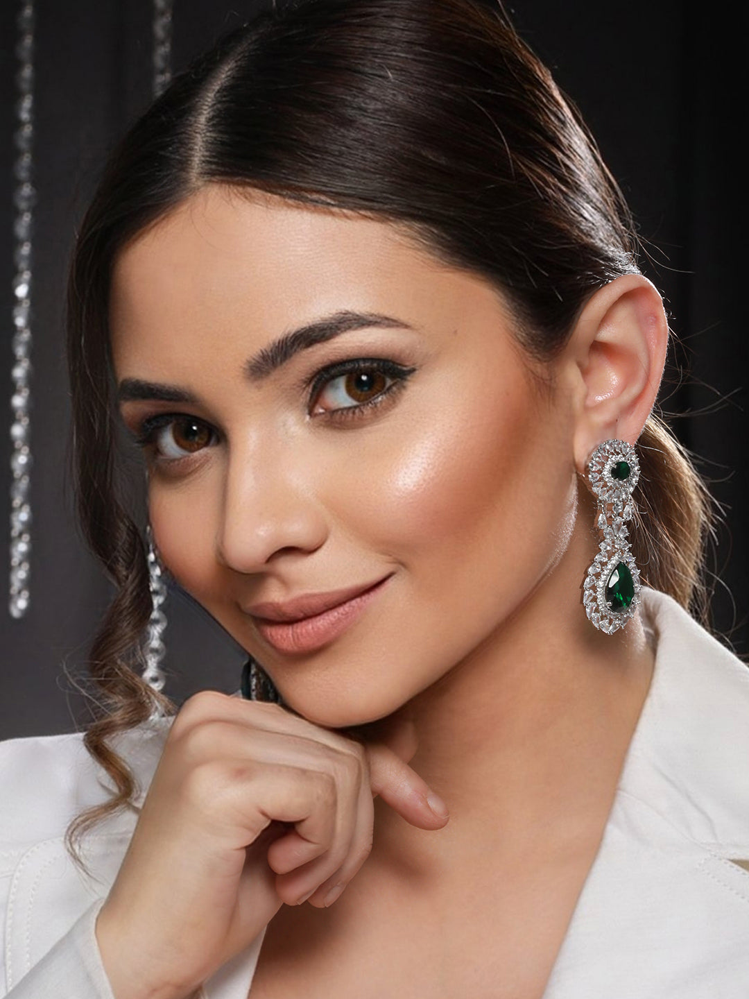 Silver Plated Green AD Studded Statement Drop Earrings