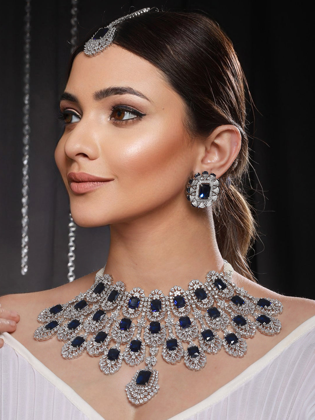 Silver Plated Blue AD Studded Kiara Advani Inspired Choker Jewellery Set