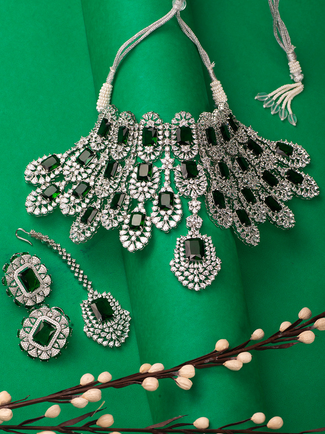 Silver Plated Green AD Studded Kiara Advani Inspired Choker Jewellery Set
