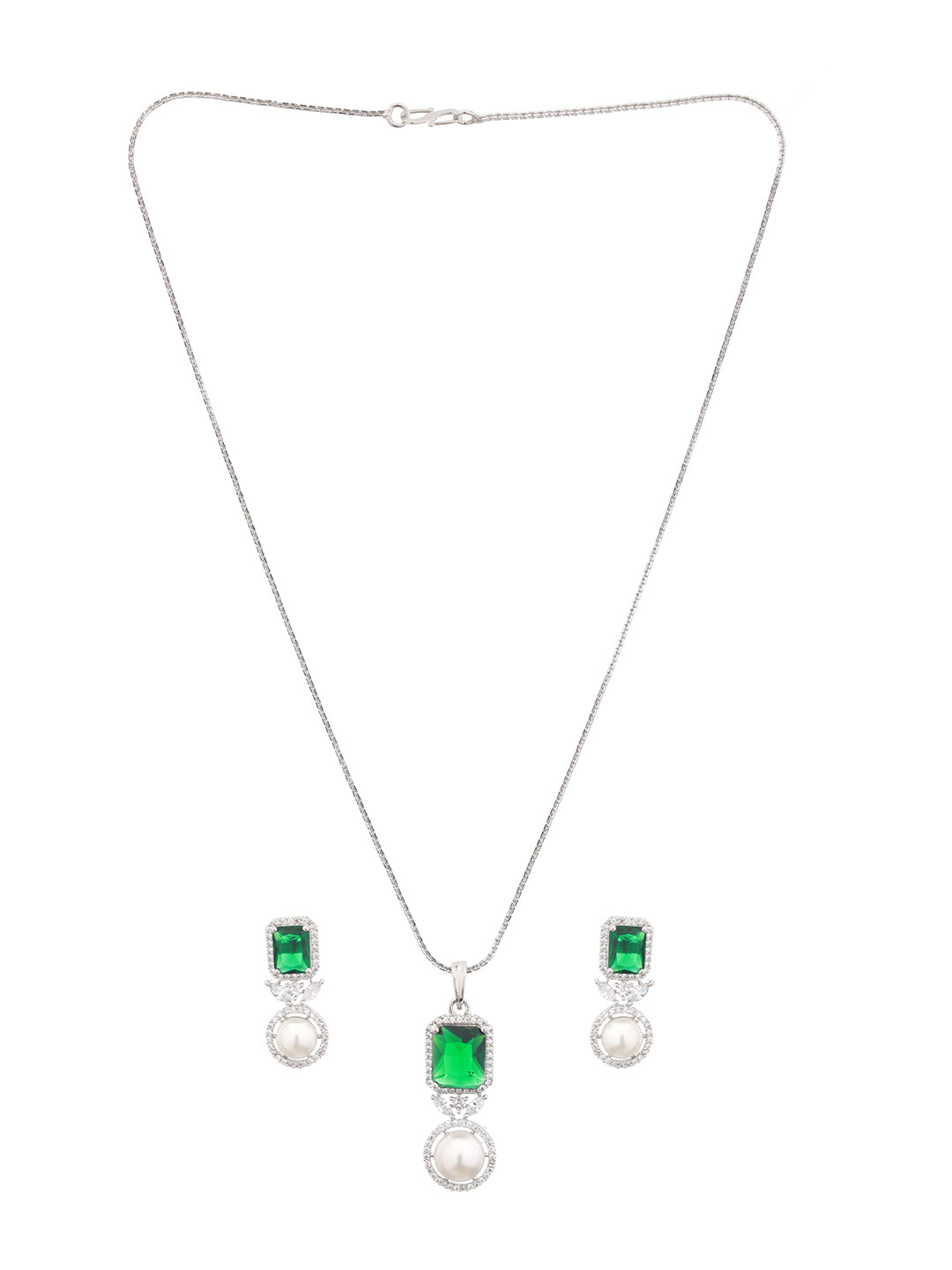 Silver Plated Green CZ Studded Pearl Beaded Minimal Locket jewellery Set