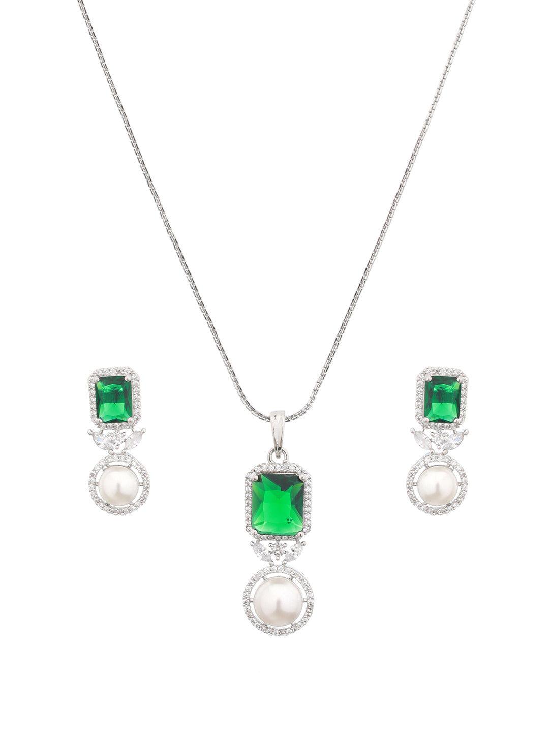 Silver Plated Green CZ Studded Pearl Beaded Minimal Locket jewellery Set