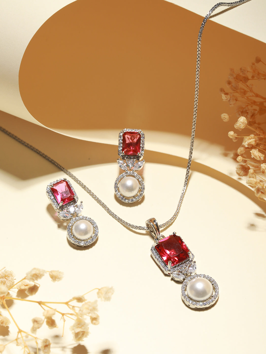 Silver Plated Red  CZ Studded Pearl Beaded Minimal Locket jewellery Set