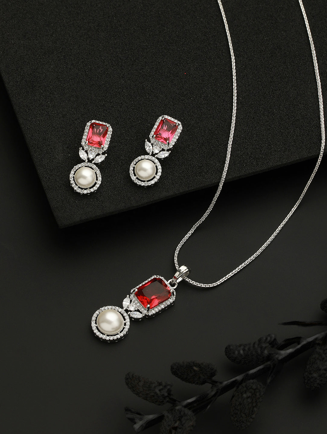 Silver Plated Red  CZ Studded Pearl Beaded Minimal Locket jewellery Set