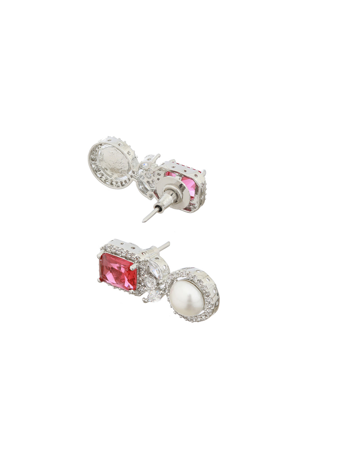 Silver Plated Red  CZ Studded Pearl Beaded Minimal Locket jewellery Set