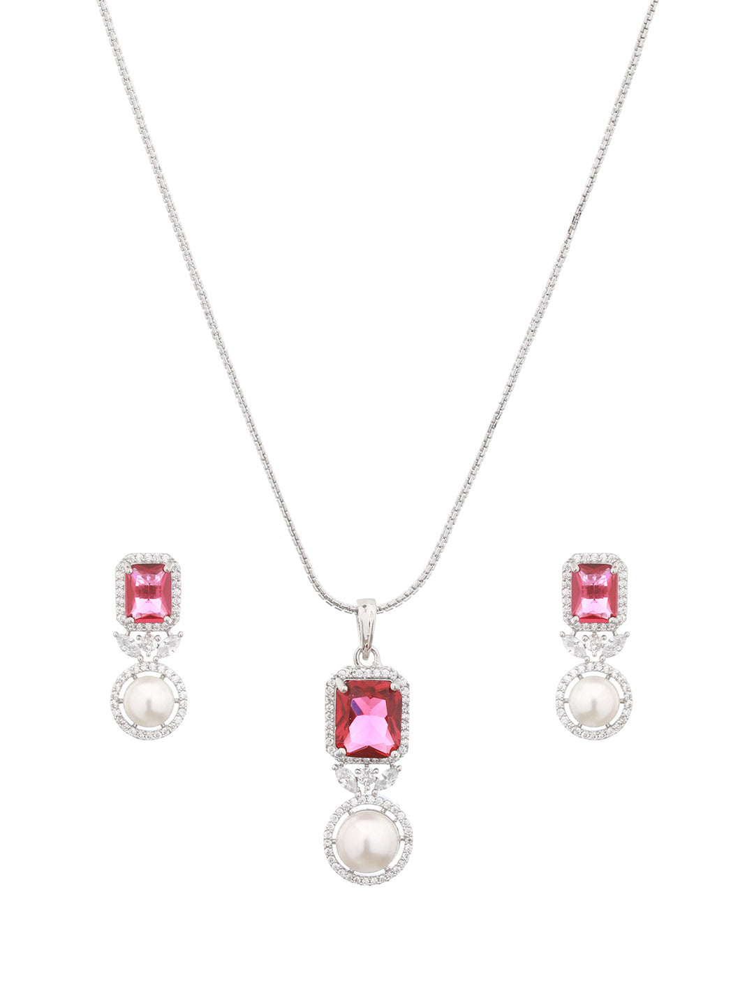 Silver Plated Red  CZ Studded Pearl Beaded Minimal Locket jewellery Set