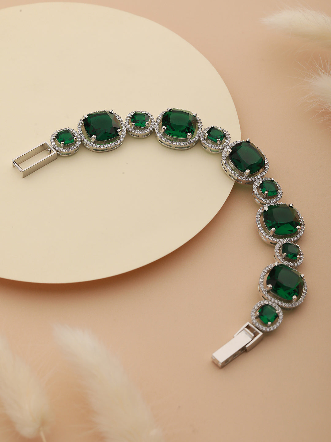 Rhodium Plated  Green CZ Studded Wraparound Tennis Bracelet