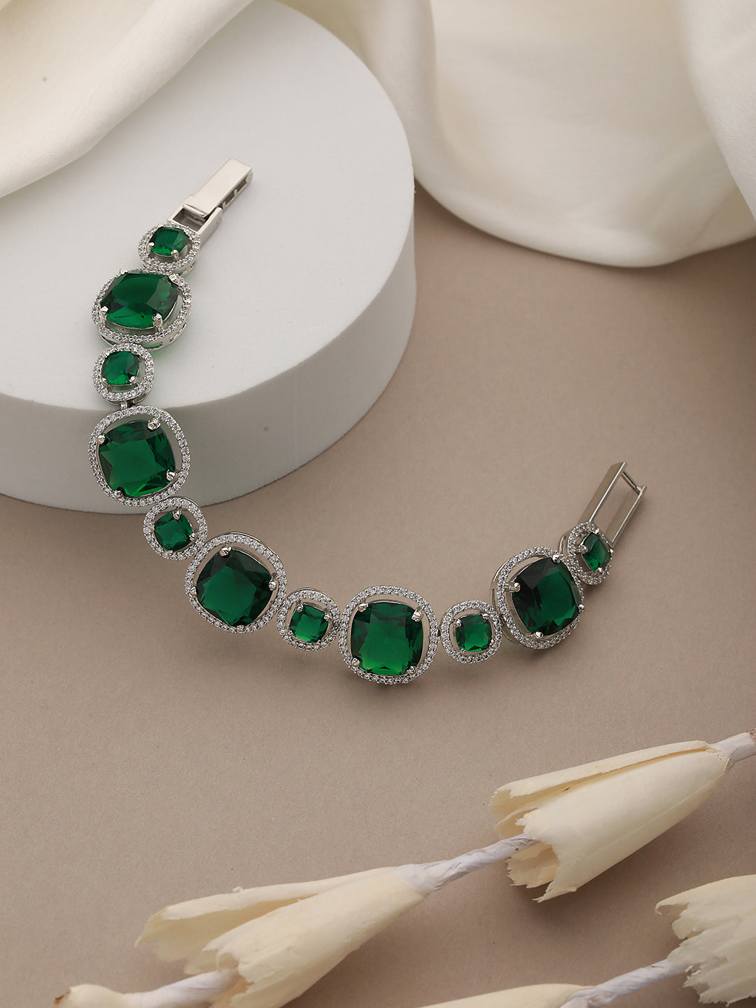 Rhodium Plated  Green CZ Studded Wraparound Tennis Bracelet