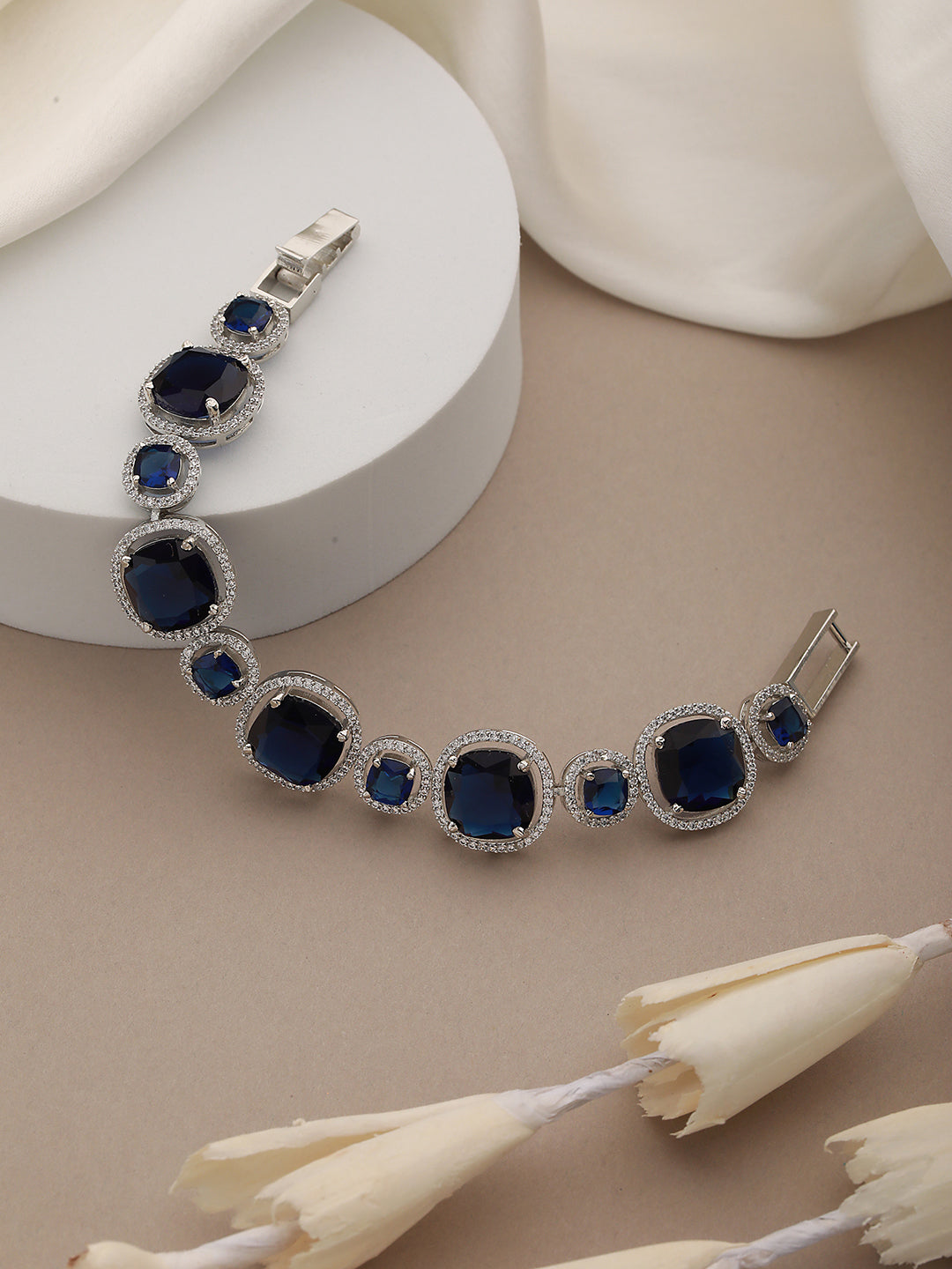 White Rhodium Plated Blue wraparound Tennis Statement  Bracelet