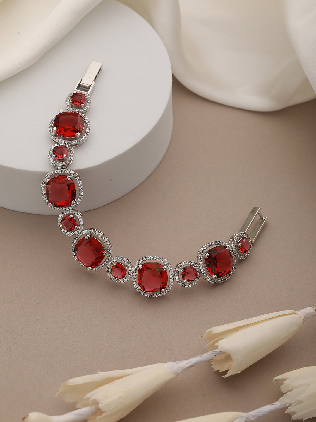 Rhodium Plated Red Zircon Studded tennis Wraparound  Bracelet