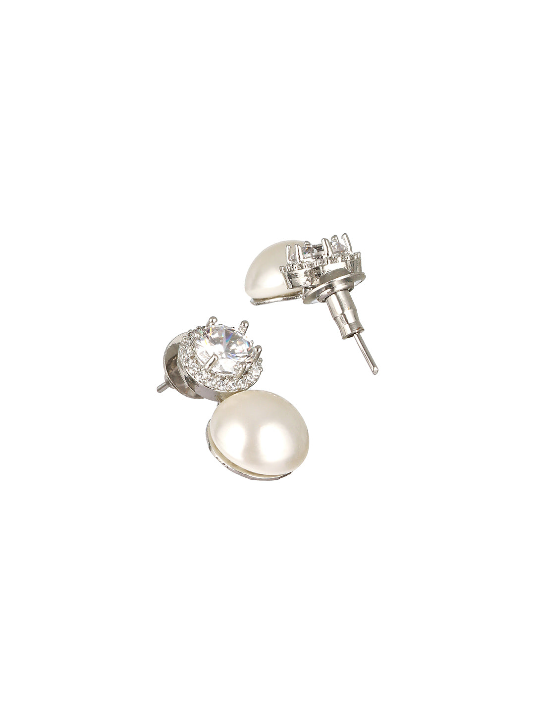 Rhodium Plated Zircon & Pearl Studded Minimal Studds Earrings