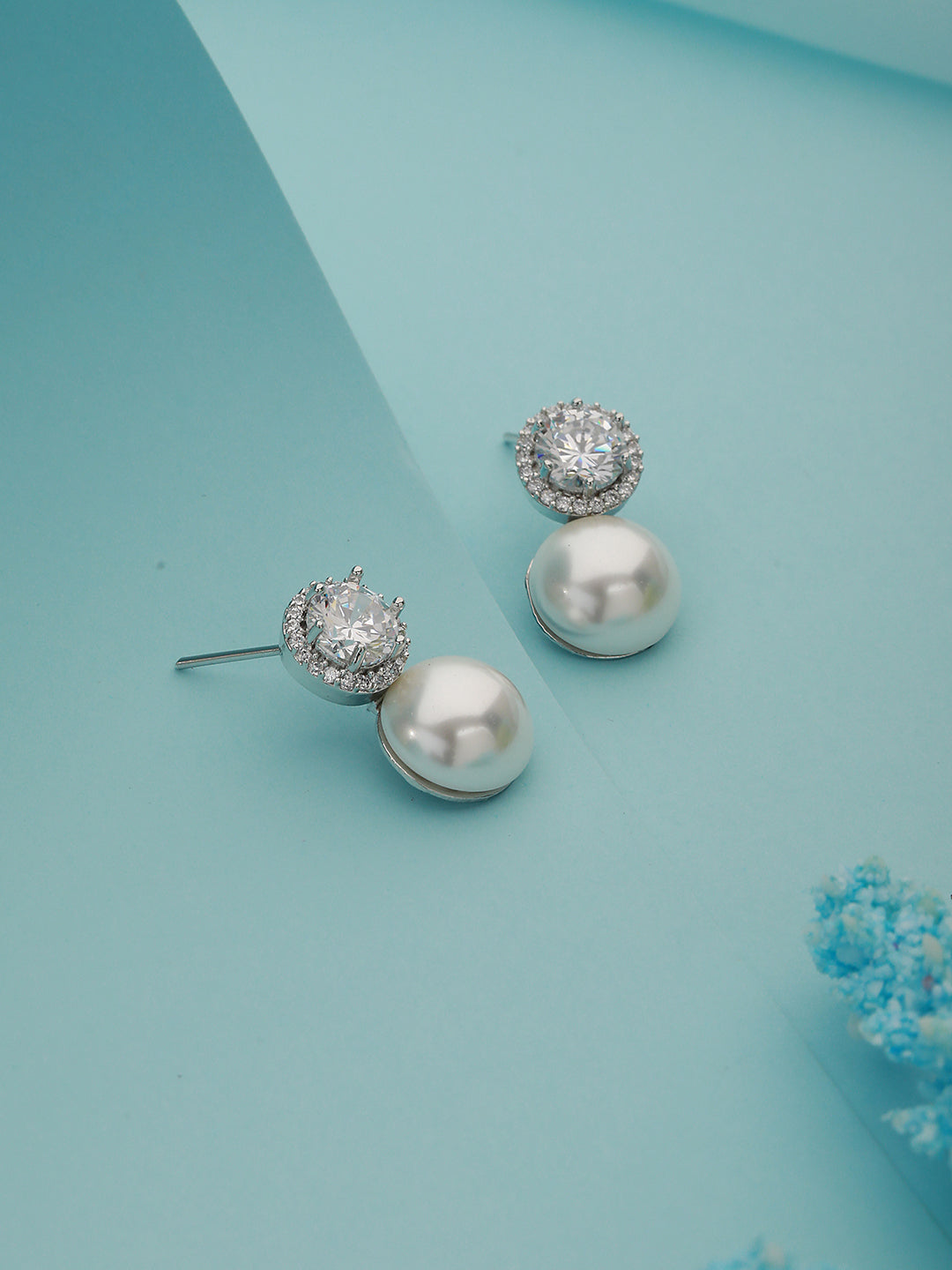 Rhodium Plated Zircon & Pearl Studded Minimal Studds Earrings