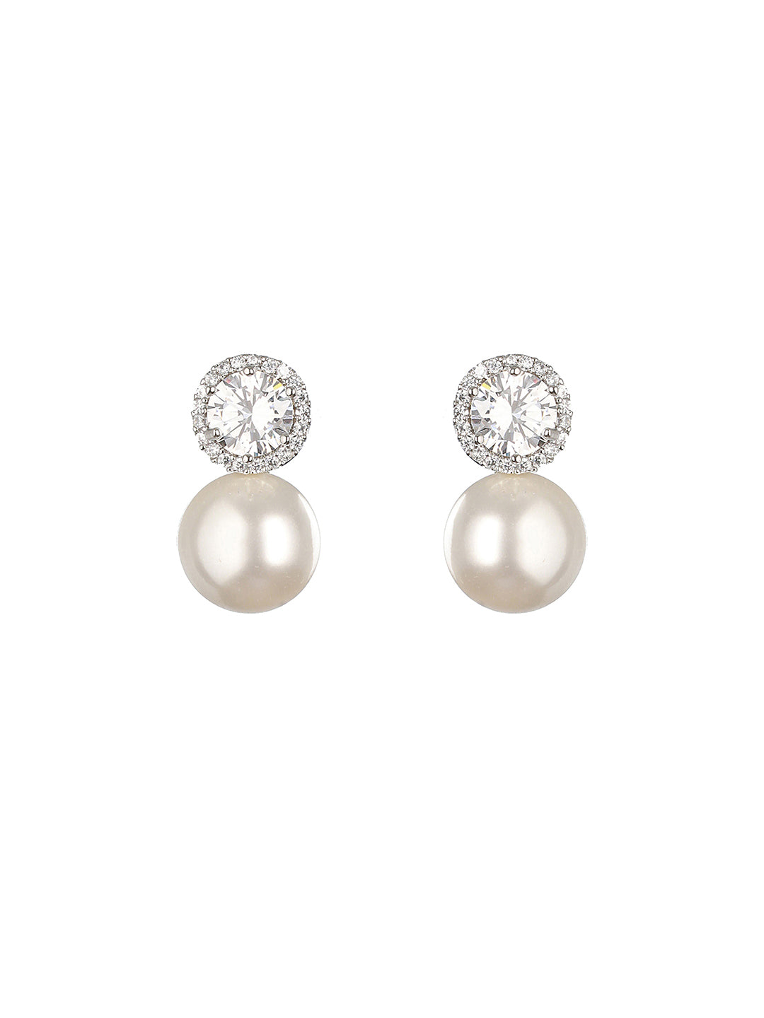 Rhodium Plated Zircon & Pearl Studded Minimal Studds Earrings