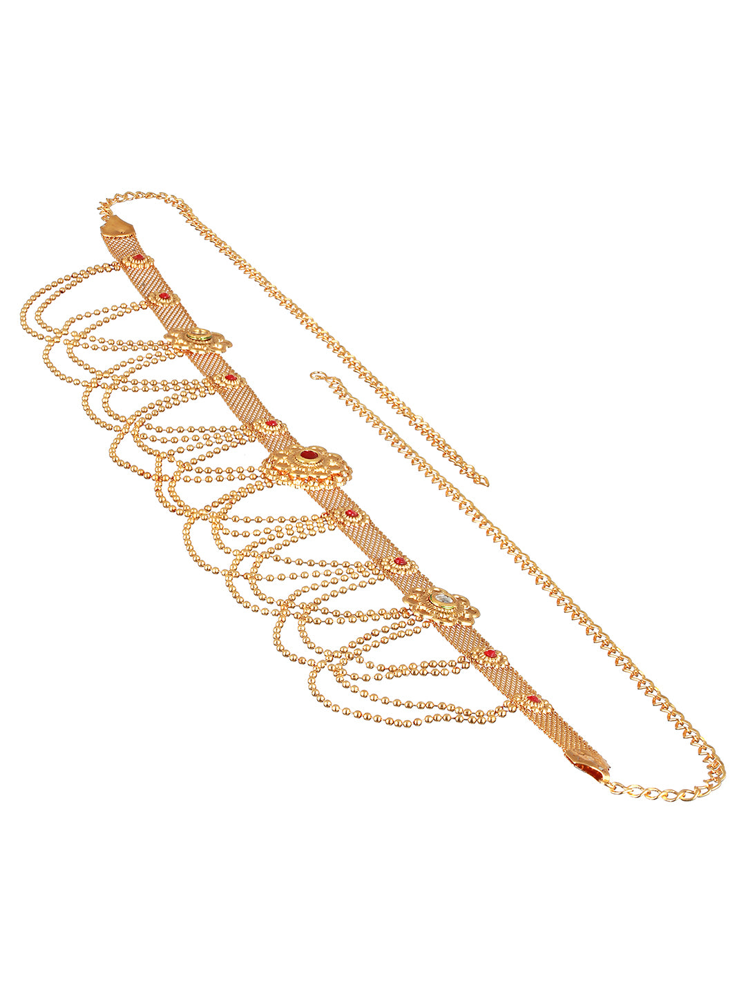Gold Plated Red Stones Floral Waistchain Kamarbandh
