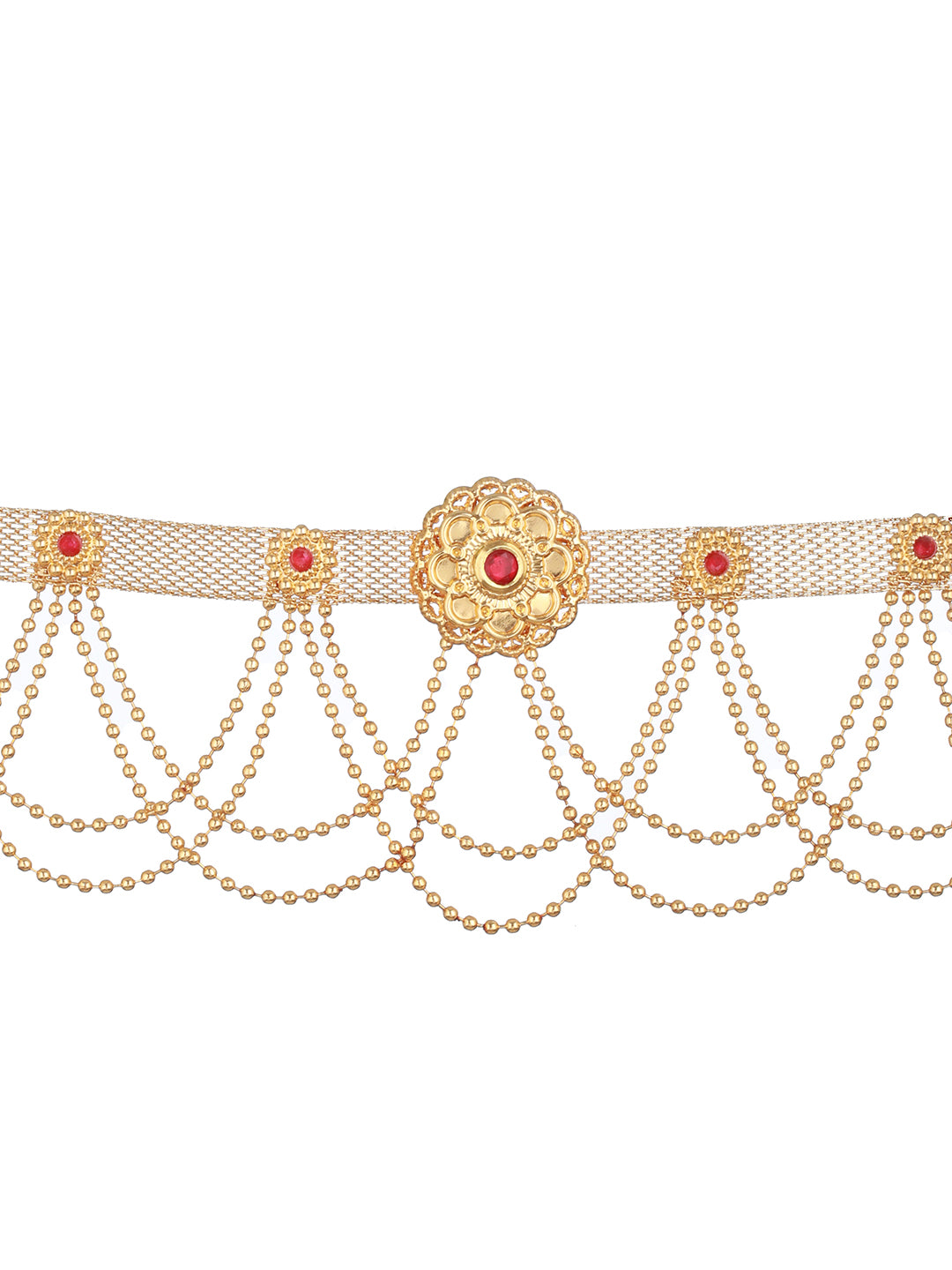 Gold Plated Red Stones Floral Waistchain Kamarbandh