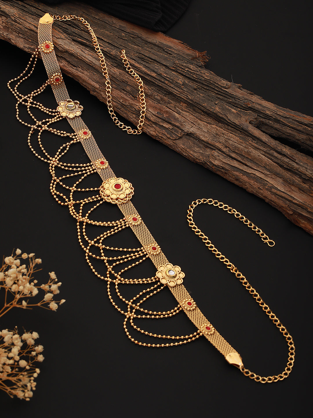 Gold Plated Red Stones Floral Waistchain Kamarbandh