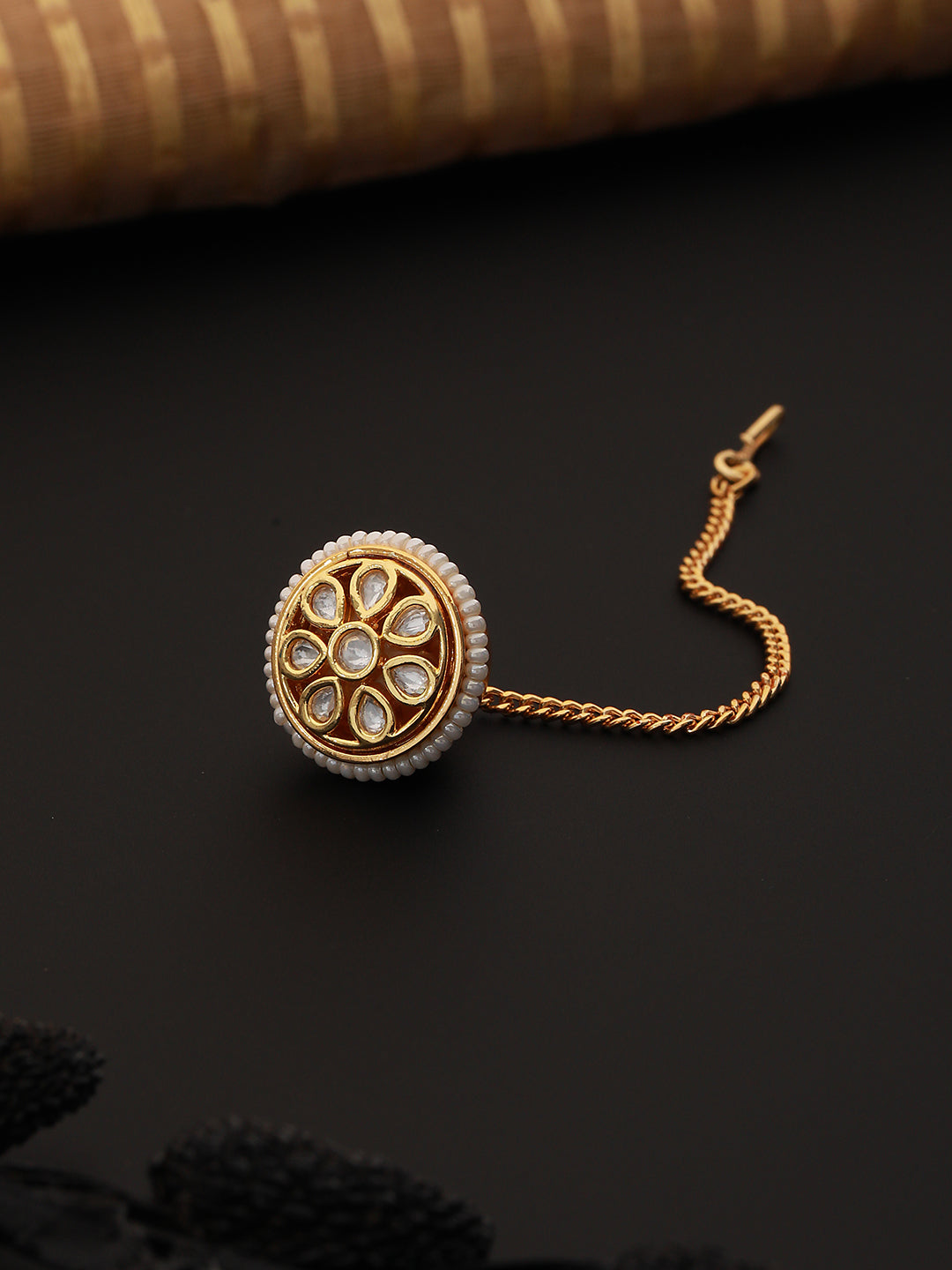 Gold Plated White Kundan Studded Pearl Beaded Borla Mangtika