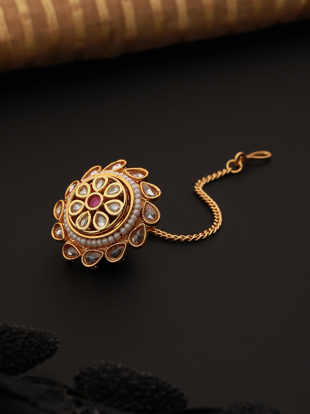 Gold Plated kundan Studded Pearl Beaded  Borla maangtika