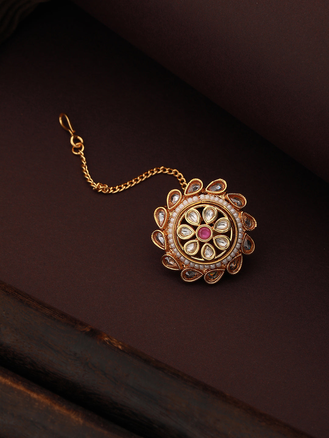 Gold Plated kundan Studded Pearl Beaded  Borla maangtika