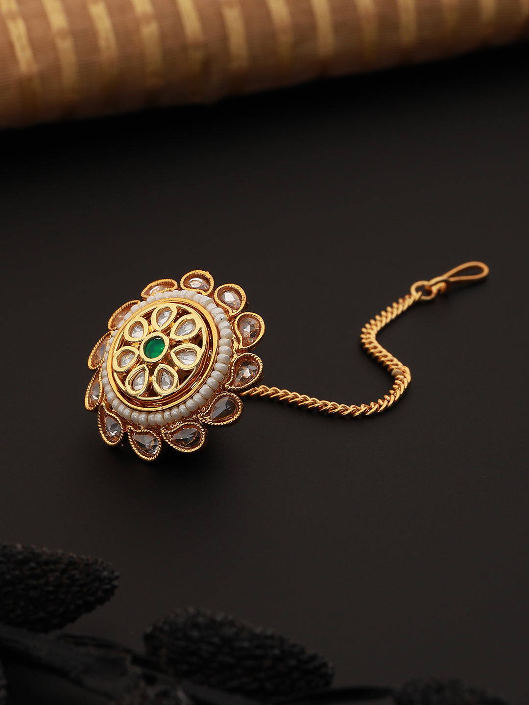 Gold Plated Green Kundan Studded Floral Borla Mangtika