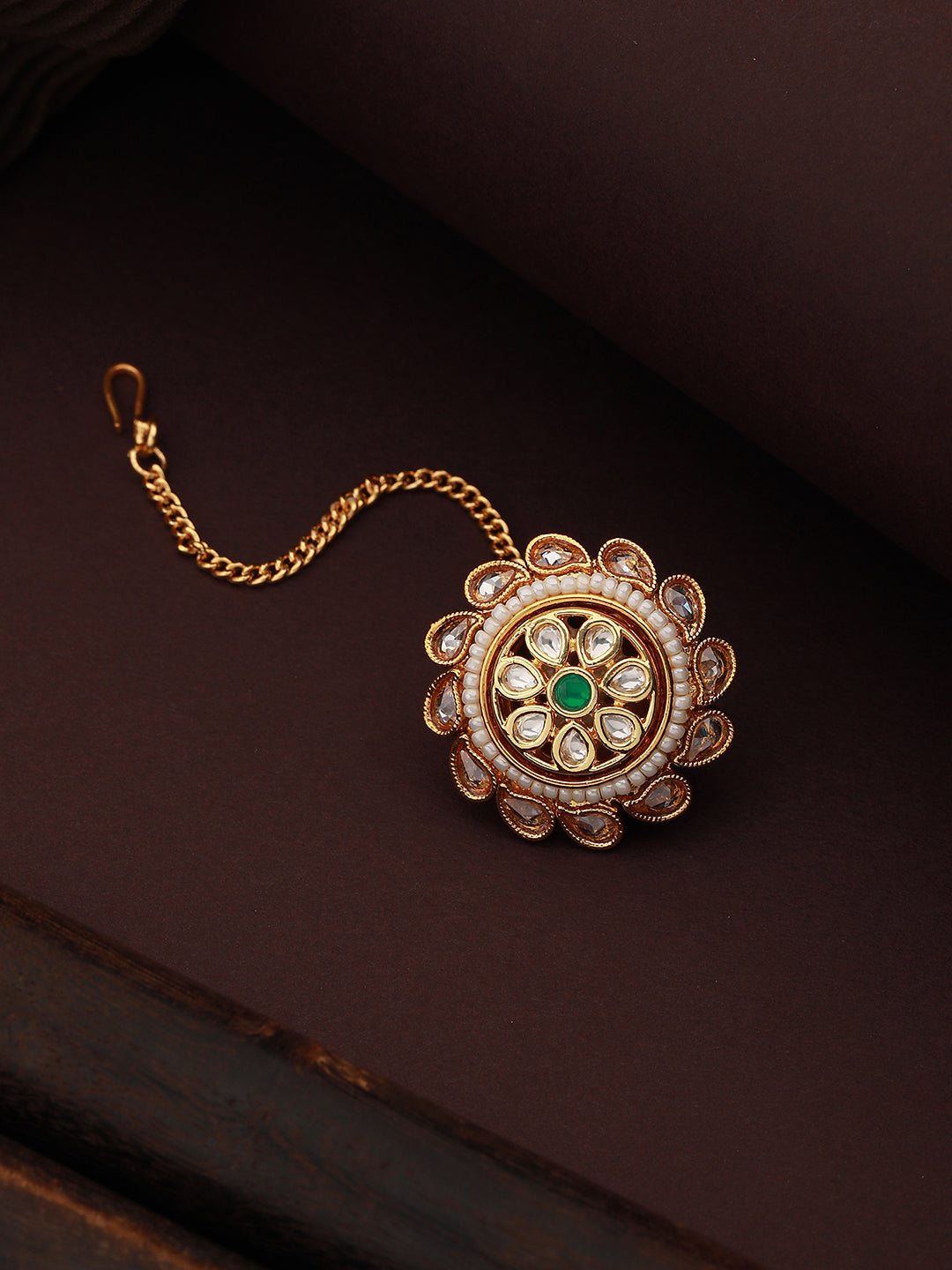 Gold Plated Green Kundan Studded Floral Borla Mangtika