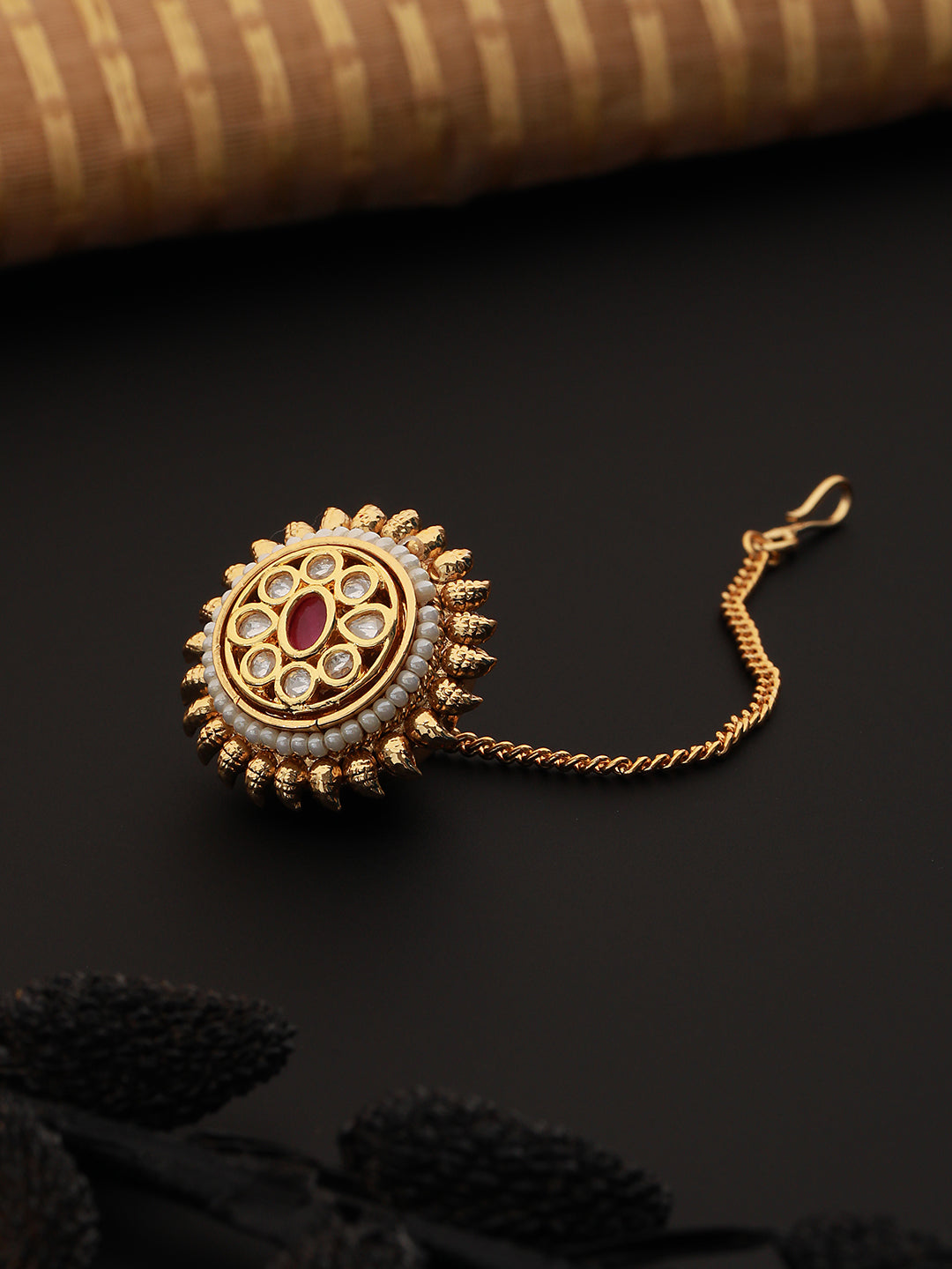 Gold Plated Red Kundan Floral Borla Mangtika