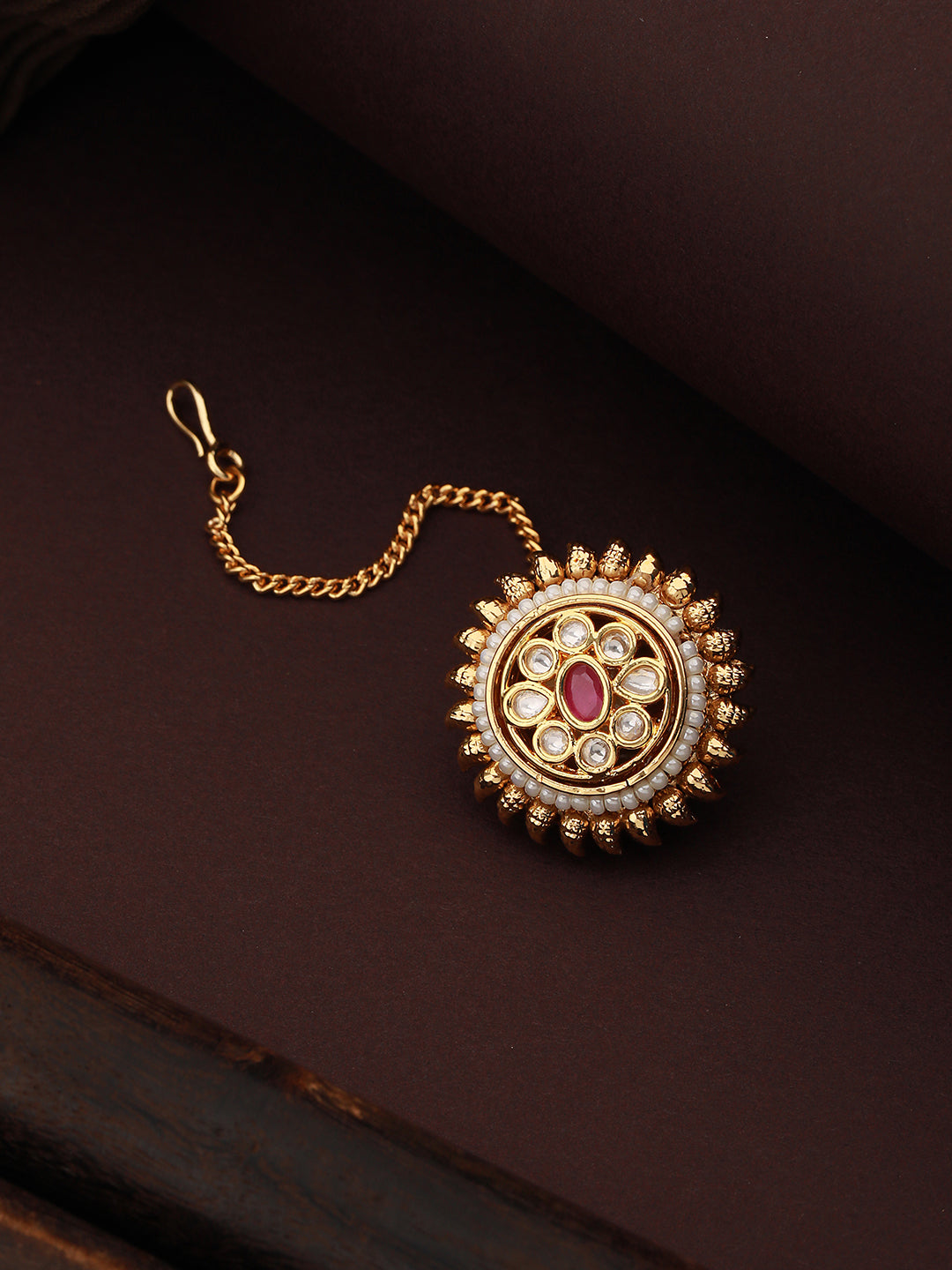 Gold Plated Red Kundan Floral Borla Mangtika