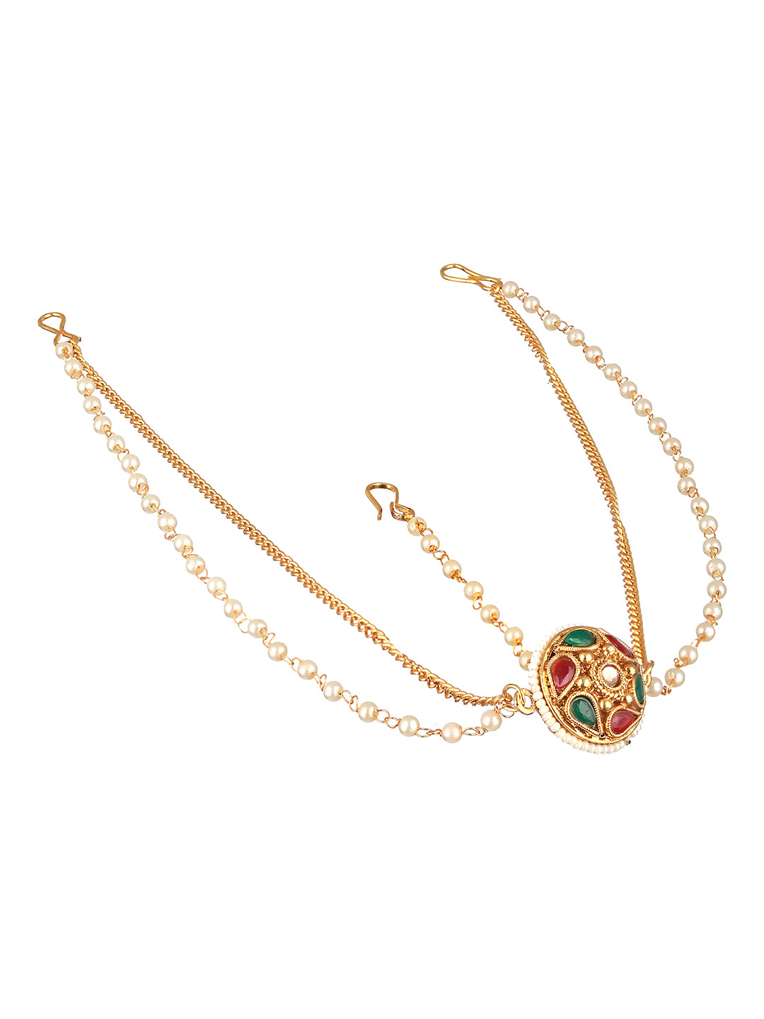 Gold Plated Green Stone Studded Pearl Beaded  Borla Mathapatti