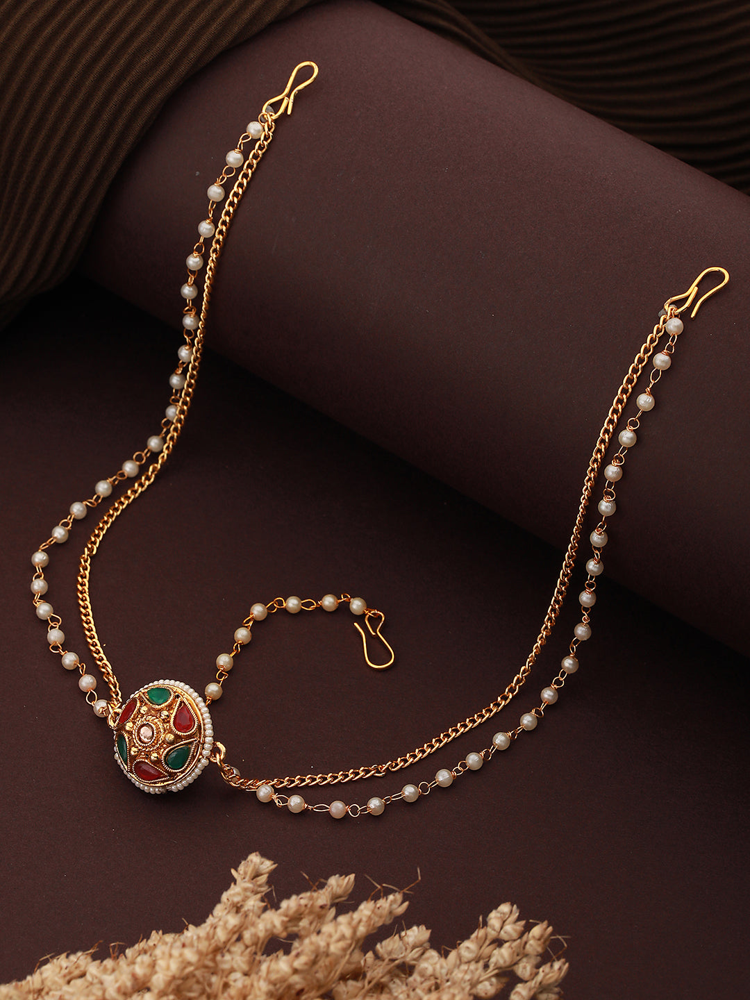 Gold Plated Green Stone Studded Pearl Beaded  Borla Mathapatti