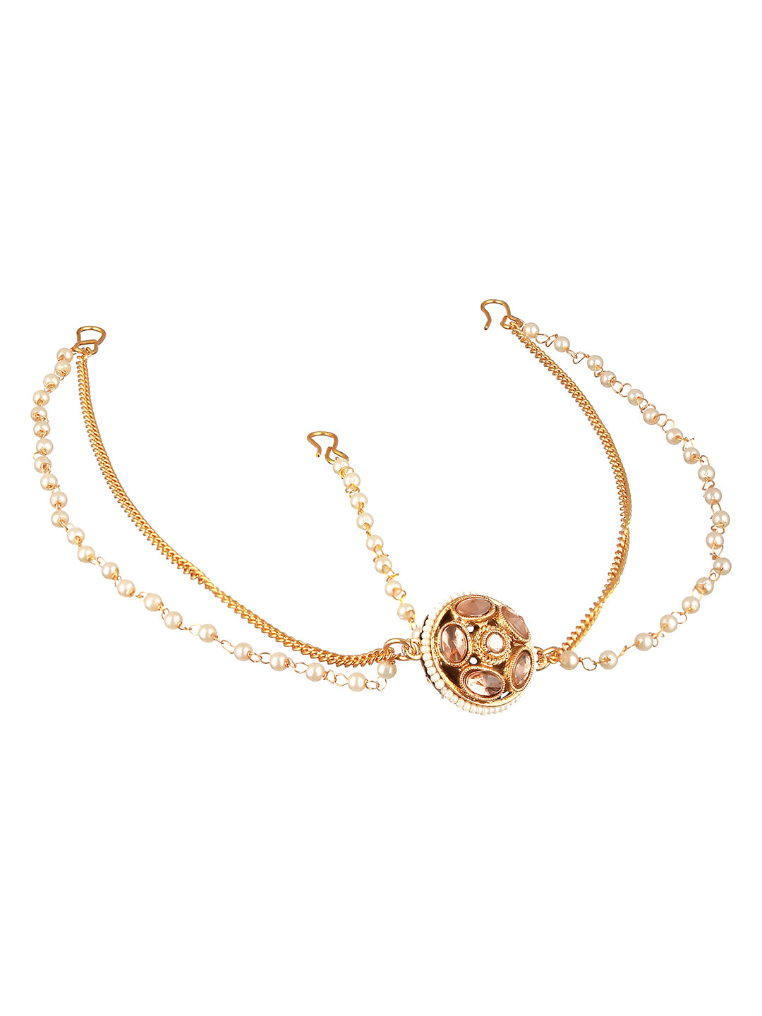 Gold Plated White Kundan Studded Pearl Beaded  Borla Mathapatti