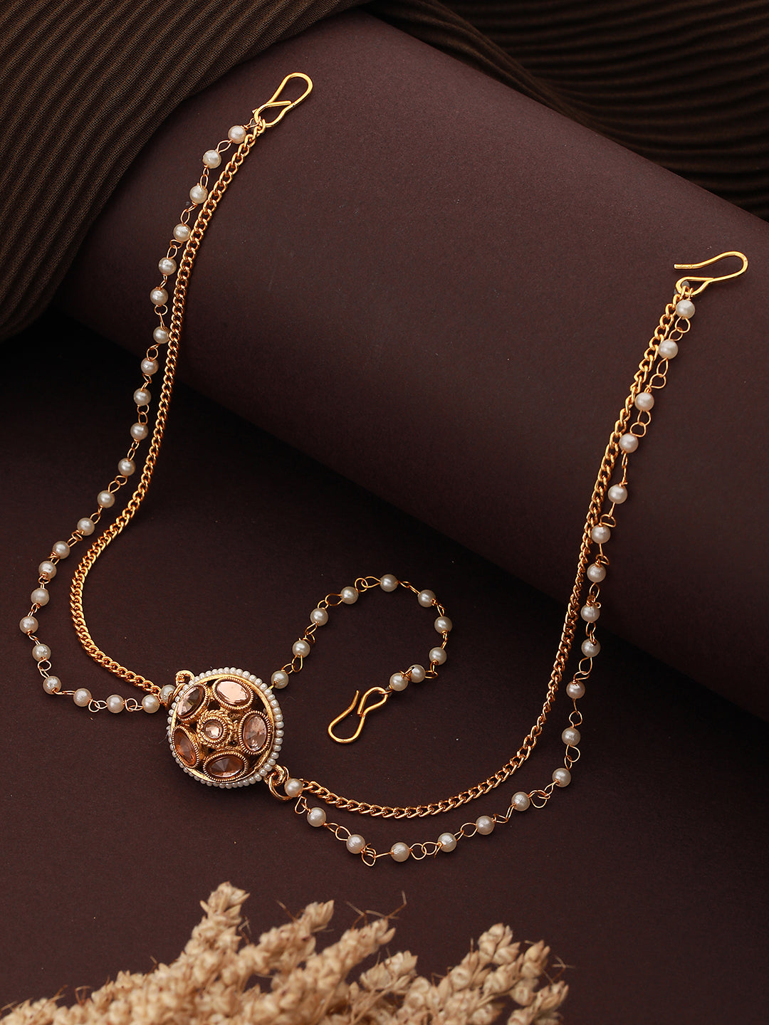 Gold Plated White Kundan Studded Pearl Beaded  Borla Mathapatti